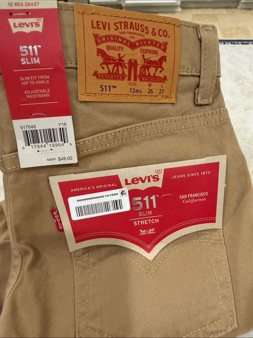 New Boys Levi's 511 Slim Stretch Pants - Khaki Tan